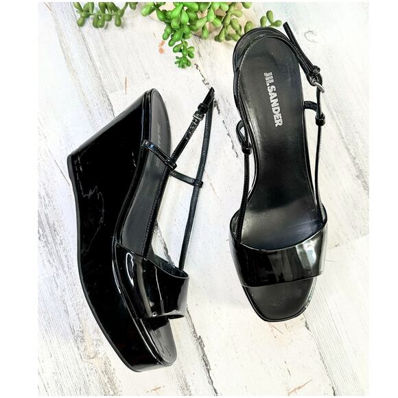 Jil Sander Black Patent Leather Square Toe Sandal Wedge Heels 38.5